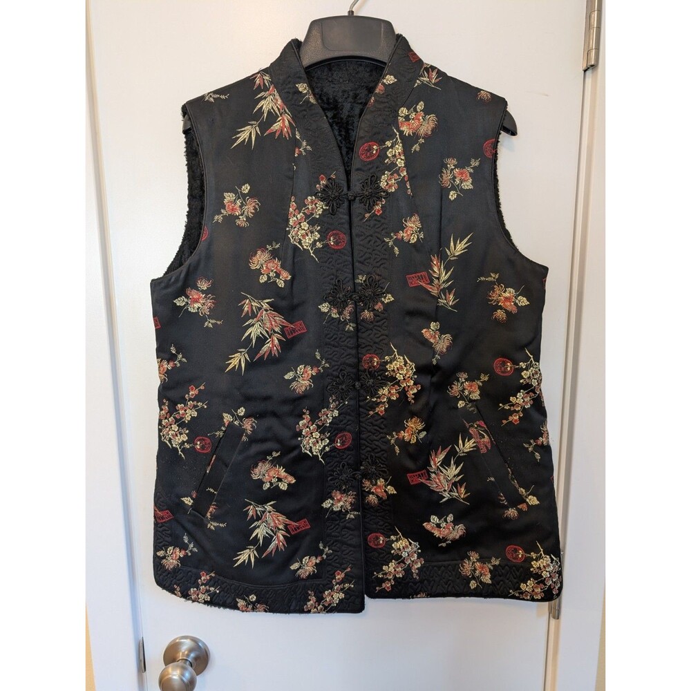 Traditional Chinese Satin Brocade Faux Fur Lined Vest Frog Buttons XL Black Red